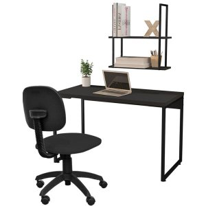 Kit para Escritório Mesa Soft F01 e Cadeira Economy com Prateleira Industrial Design Preto - Lyam