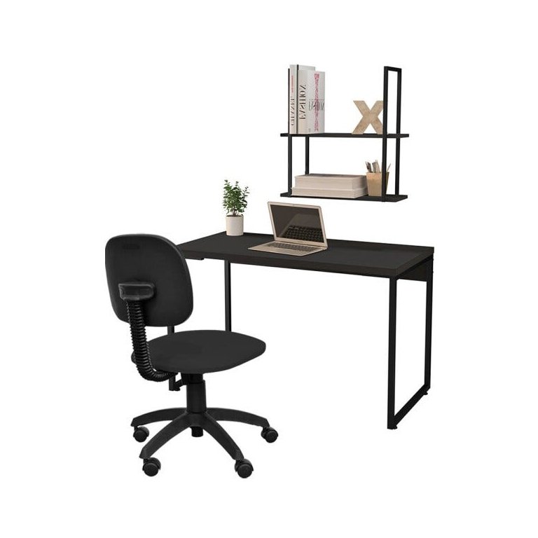 Kit para Escritório Mesa Soft F01 e Cadeira Economy com Prateleira Industrial Design Preto - Lyam