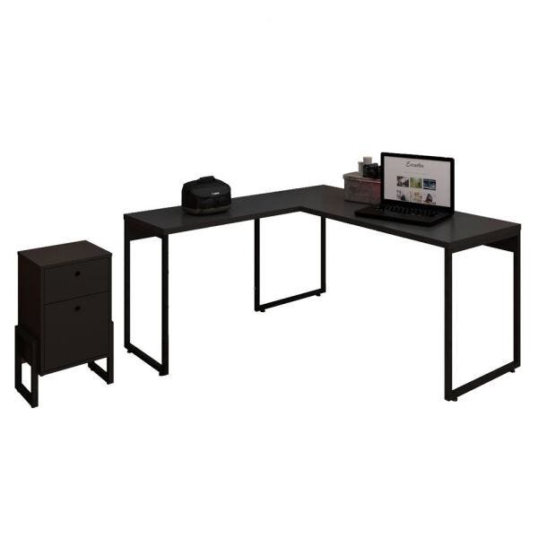 Kit Mesa Para Escritório Industrial em L Soft 150cm com Gaveteiro Work F01 Preto Fosco - Lyam - 1