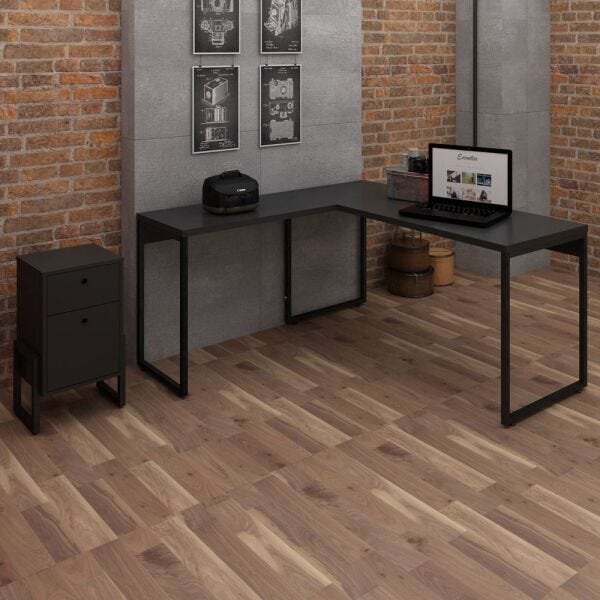 Kit Mesa Para Escritório Industrial em L Soft 150cm com Gaveteiro Work F01 Preto Fosco - Lyam - 2