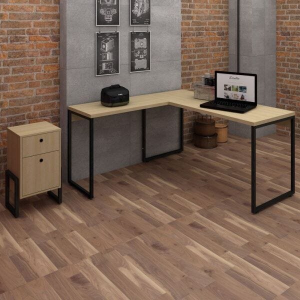 Kit Mesa Para Escritório Industrial em L Soft 150cm com Gaveteiro Work F01 Nature Fosco - Lyam - 2