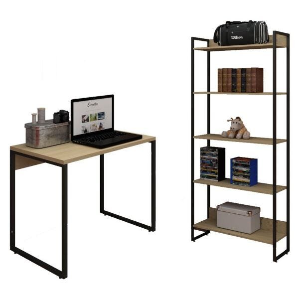 Kit Mesa para Escritório Home Office 90cm com Estante Industrial Soft F01 Nature Fosco - Lyam - 1