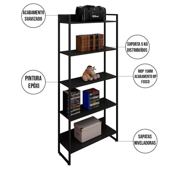 Kit Mesa para Escritório Home Office 150cm com Estante Industrial Soft F01 Preto Fosco - Lyam - 4