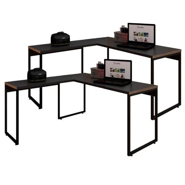 Kit 2 Mesas para Escritório e Home Office Industrial em L Soft 150cm F01 Preto Fosco - Lyam - 1