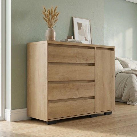Cômoda para Quarto 100% MDF 4 Gavetas 1 Porta 135 x 99cm Aurora Capuccino 