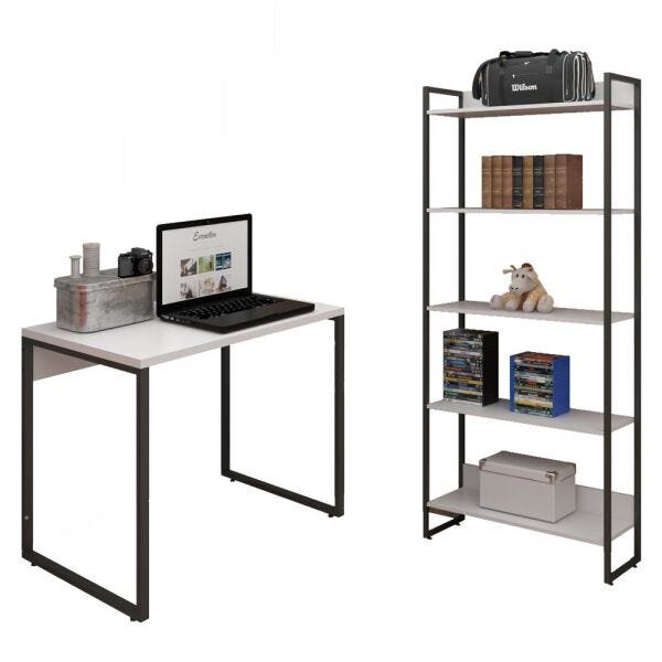 Kit Mesa para Escritório Home Office 90cm com Estante Industrial Soft F01 Branco Fosco - Lyam - 1