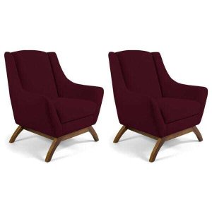 Kit 2 Poltronas Decorativa Fixa Base de Madeira Juliet D02 Veludo Marsala C-278 - Lyam Decor