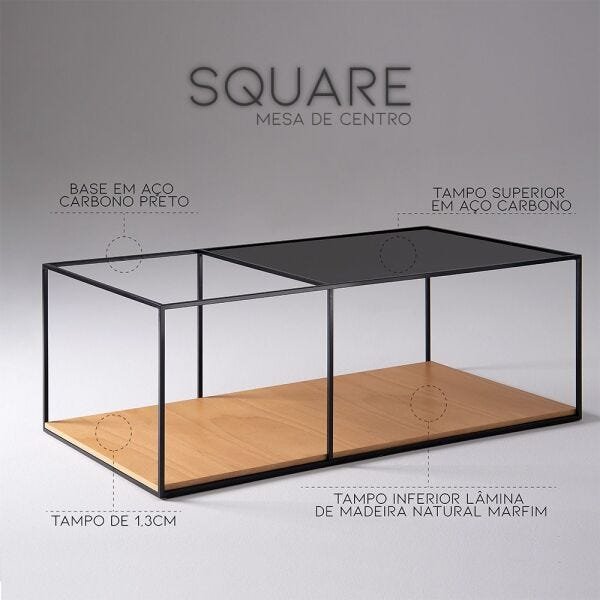 Mesa de Centro Square 140cm Aço Preto/Marfim - Gran Belo - 3