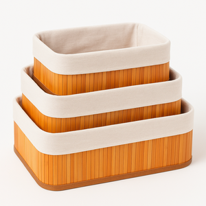 Conjunto de Cesto Organizadores Kit com 3 Tamanhos Pmg de Bambu Forro Removível em Tecido