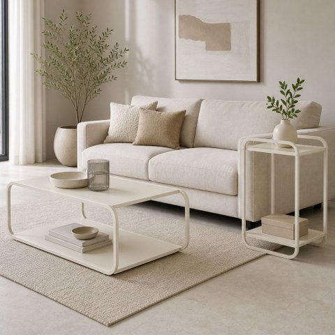 Kit Mesa de Centro e Mesa Lateral para Sala de Estar Orgânica Industrial Alek A03 Off White - Lyam D