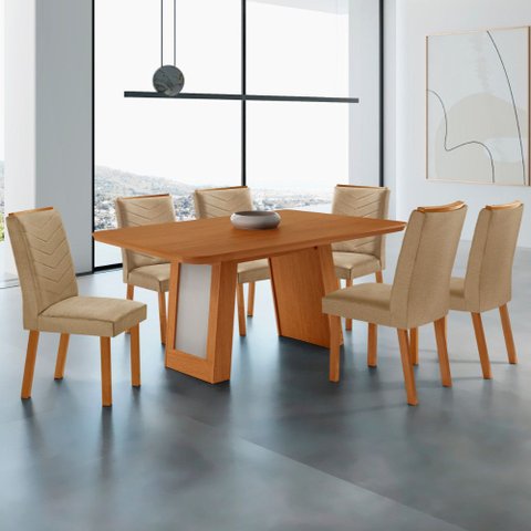 Mesa de Jantar Carolina 180cm Tp MDF Canto Copo Base Detalhe Off White com 6 Cadeiras Liz