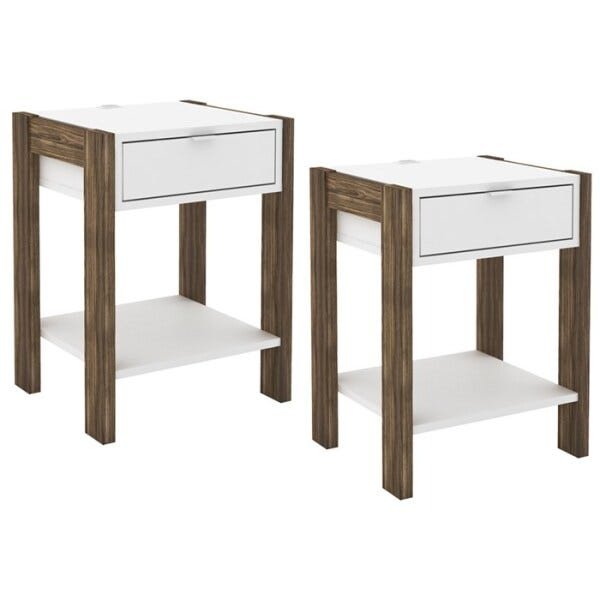Kit 02 Mesa de Cabeceira Com Tomada 1 Gaveta AZ1016 Branco Nogal Tecno Mobili - 1