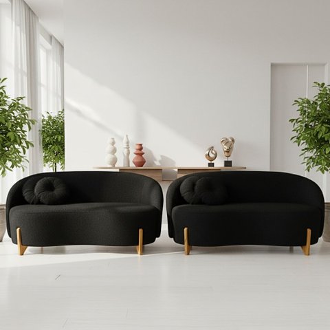 Kit 02 Sofás Orgânicos 2 Lugares C/2 Almofadas Curvo Sala Recepção Amsterdã Boucle Preto - Montanari