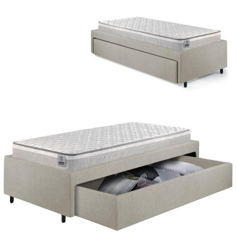 Base Box Cama Solteirão Sapateira Courino Linho Areia e Colchão Hanover Inducol 96x203