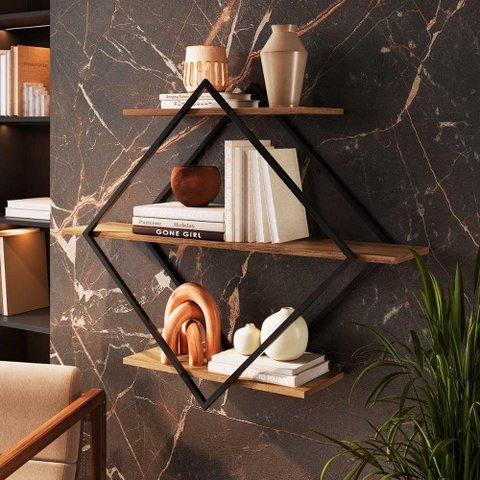 Nicho de Parede Multifuncional com 3 Prateleiras 100 Cm Cor:preto com Mel