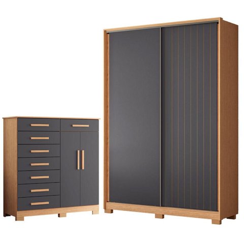 Guarda Roupa Solteiro Frizatto 02 Portas de Correr e Cômoda Verona Freijo Titanium - Móveis Albatroz