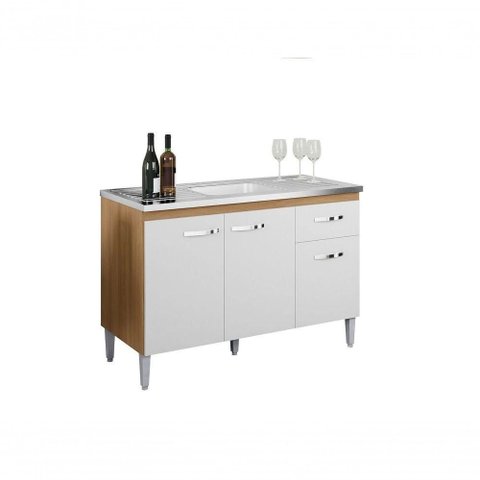 Gabinete de Pia Gabriela 3 Portas 1 Gaveta MDF 118cm Amêndoa Branco AJL Móveis