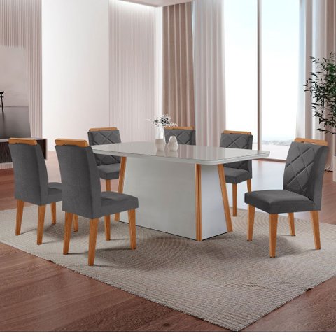 Mesa de Jantar Diane 180cm Tampo Mdf Vidro Canto Copo e 6 Cadeiras Melissa