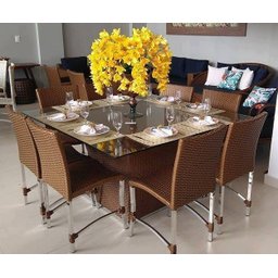 Conjunto de 8 Cadeiras e Mesa de Jantar Cannes em Alumínio para Cozinha, Edícula, Área - Tabaco - 1