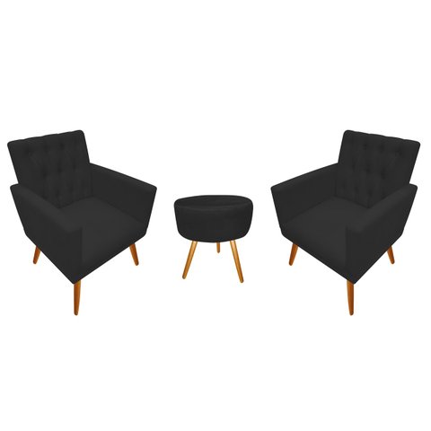 Kit 2 Poltronas Decorativa Nina Capitonê + Puff Redondo Couro Preto Pés Madeira Mz Decor