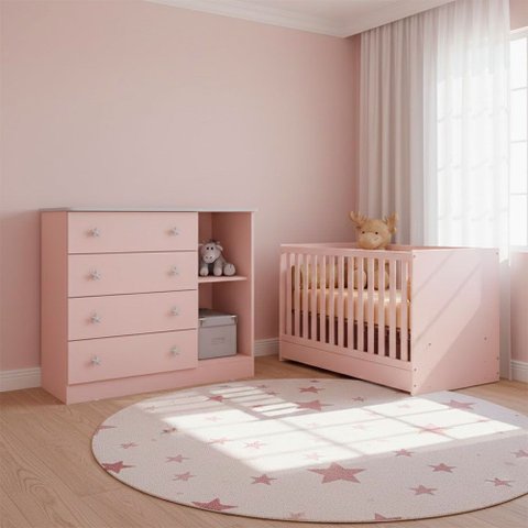 Quarto Bebe Infantil Doce Sonho Berço Mini Cama e Cômoda Sapateira 1 Porta 4 Gavetas Qmovi