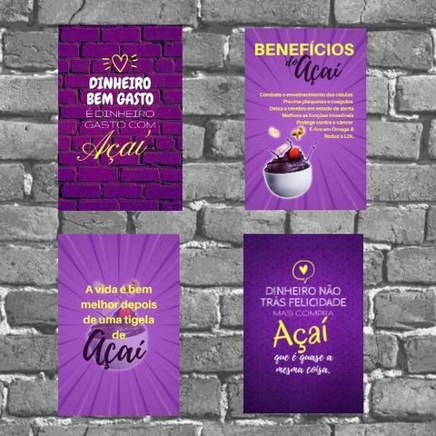Kit 4 Placas Decorativas Benefícios do Açaí 18x27cm