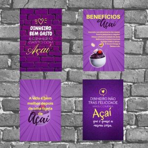 Kit 4 Placas Decorativas Benefícios do Açaí 18x27cm