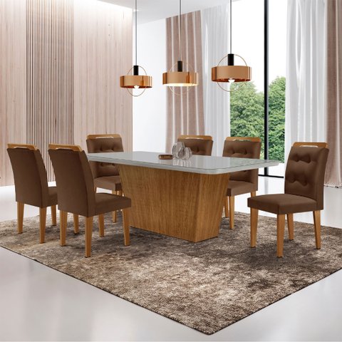 Mesa para Sala de Jantar Aida 180cm Mdf Canto Copo com Vidro e 6 Cadeiras Carol