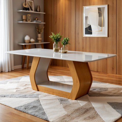 Mesa de Jantar 6 Lugares Tampo de Vidro e MDF 160cm Laini Marrom Amêndoa Clean/Off White
