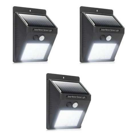 Kit 3 Arandela Externa de Parede Luminária Solar Luz 30 LED 6W com Sensor de Movimento Preto