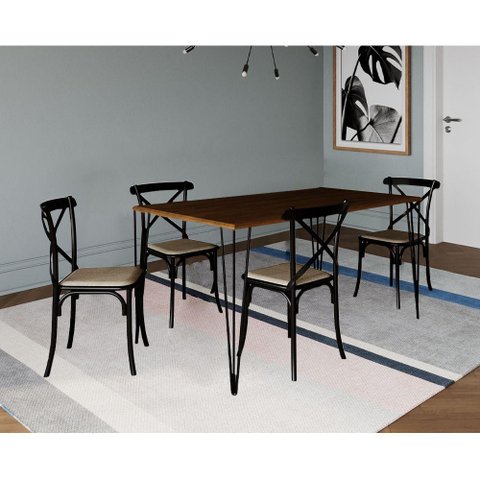 Jogo de Mesa Elen Retangular Tampo de Madeira 140x80cm Amêndoa com 4 Cadeiras Katrina Preto Assento