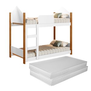 Cama Infantil Beliche Magia para Crianças Quarto Grade Proteção Escada com 2 Colchões Cor Branco