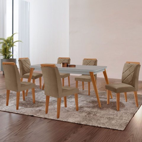 Mesa de Jantar Copper 180cm Tampo Mdf Vidro Canto Copo e 6 Cadeiras Melissa