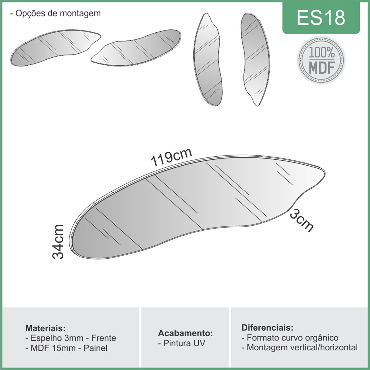 Espelho Decorativo Orgânico 119 X 34 Cm Es18 Pf Dalla Costa - 3