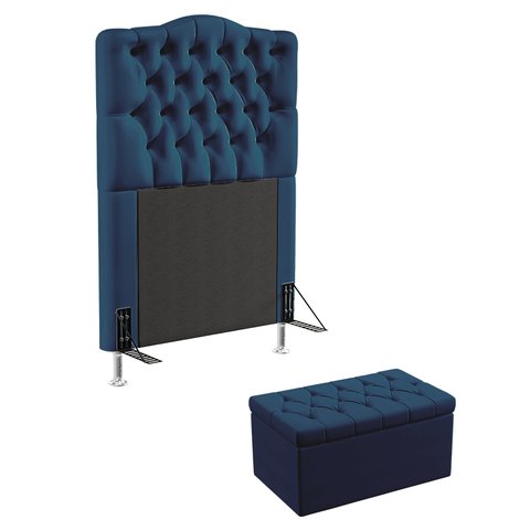 Kit Cabeceira Decorativa Para Cama Box Pollux e Calçadeira Sagitarius 90 Sued Azul Marinho Aradecor