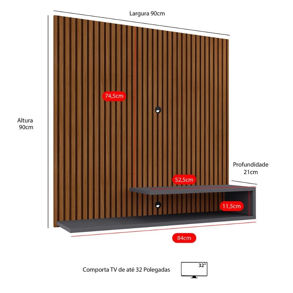 Estante Painel Parede Tv 32 Polegadas Smart New Prateleiras Sala Quarto Pequeno Moderno Ripado/cinza - 4