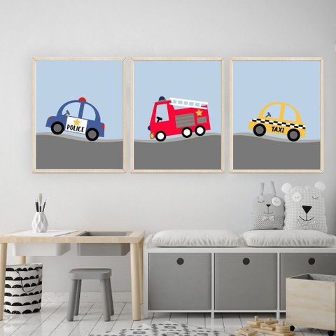 Kit 3 Quadros Decorativos Infantil - Motoristas Babys NO2 - 30x40 - Moldura Madeira