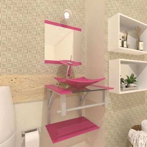 COMBO 2 EM 1 GABINETE DE VIDRO 40CM AC COM CUBA QUADRADA + TORNEIRA IBIZA - ROSA