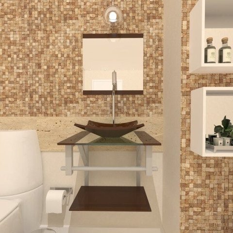 COMBO 2 EM 1 GABINETE DE VIDRO 40CM AC COM CUBA QUADRADA - MARROM + TORNEIRA ALGARVE