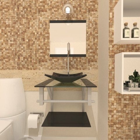 COMBO 2 EM 1 GABINETE DE VIDRO 40CM AC COM CUBA QUADRADA - PRETO + TORNEIRA ALGARVE