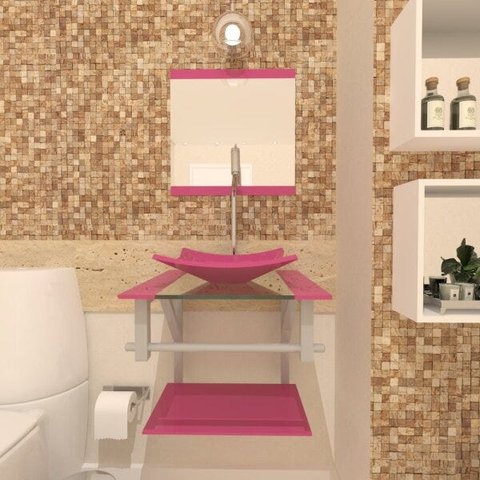COMBO 2 EM 1 GABINETE DE VIDRO 40CM AC COM CUBA QUADRADA - ROSA + TORNEIRA ALGARVE