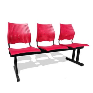 Longarina 3 Lugares Versat Assento Encosto Plástico Coluna Dupla para Recepção Escritório Vermelha