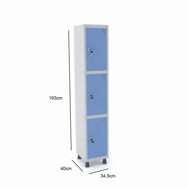 Roupeiro de Aço 1M 3 Portas Fechadura Pandin - Cinza/Azul Dalí - 2
