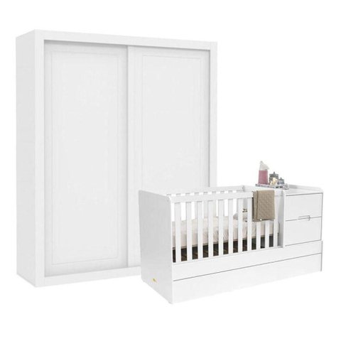 Berço Americano Multifuncional Formare com Guarda Roupa Tutto New 2 Portas Branco Acetinado - Matic