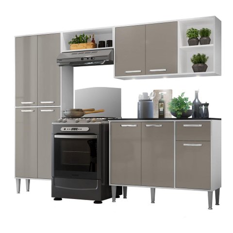 Cozinha Compacta c/ 3 Leds 4 pçs Xangai Multimóveis V3415 Branca/Lacca Fumê