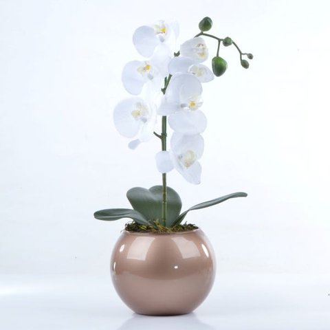 Arranjo de Orquídea Branca de Silicone em Aquário Cobre Luiza