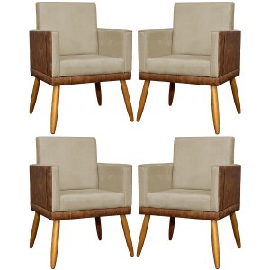Kit 4 Poltronas Recepção e Sala Lis Corino e Suede Cores Pé 30cm