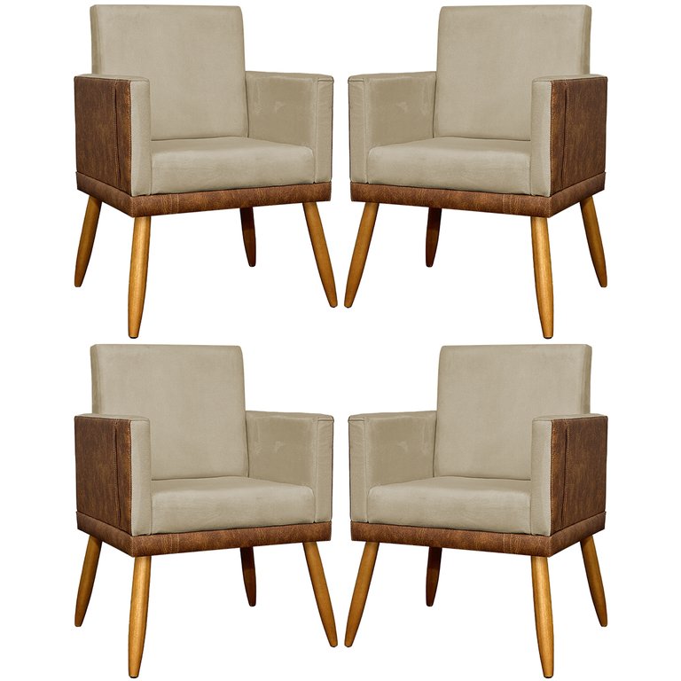 Kit 4 Poltronas Recepção e Sala Lis Corino e Suede Cores Pé 30cm