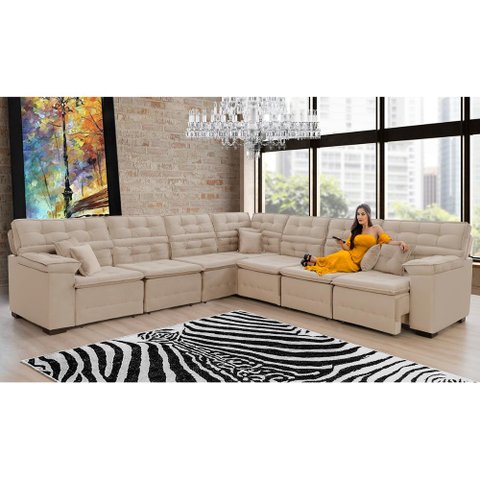 Sofá Magno 3.77x3.97m de Canto, Retrátil e Reclinável - Bege