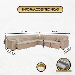 Sofá Magno 3.77x3.97m de Canto, Retrátil e Reclinável - Bege - 2